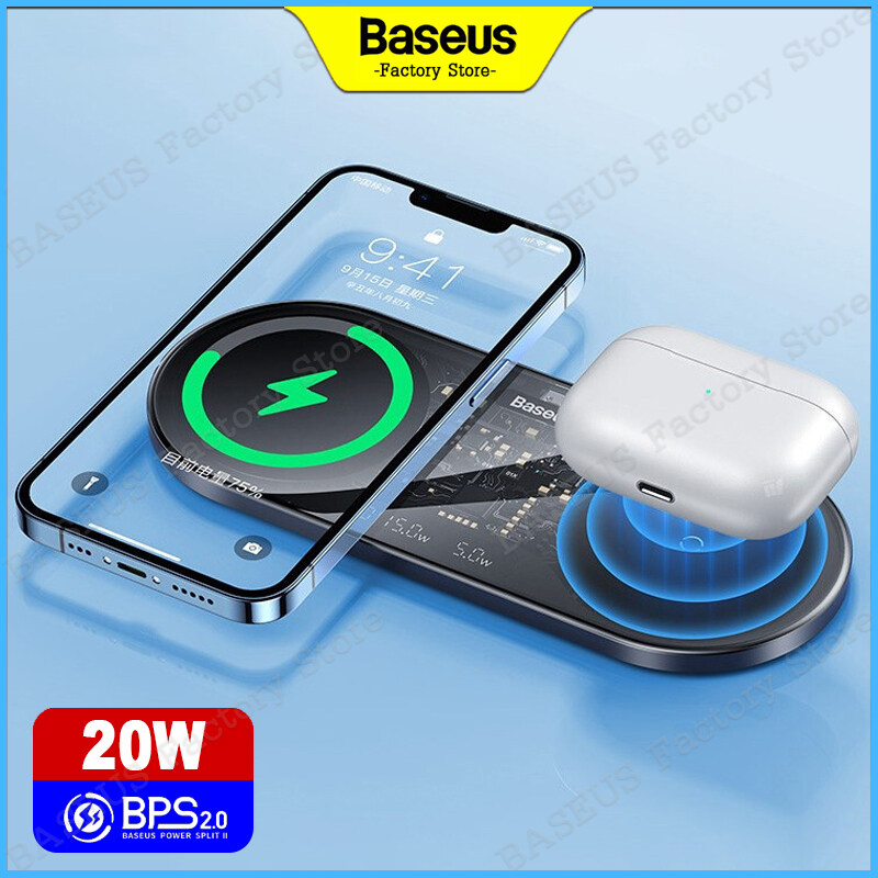 Baseus 20W Wireless Charger 2-in-1 Dual Digital LED Display Auto Power Split Qi Wireless Charging for iP 12 13 14 Pro Max Huawei Xiaomi